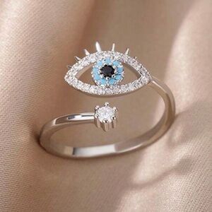 14k Silver Evil Eye Ring with Rhinestones Adjustable Ring